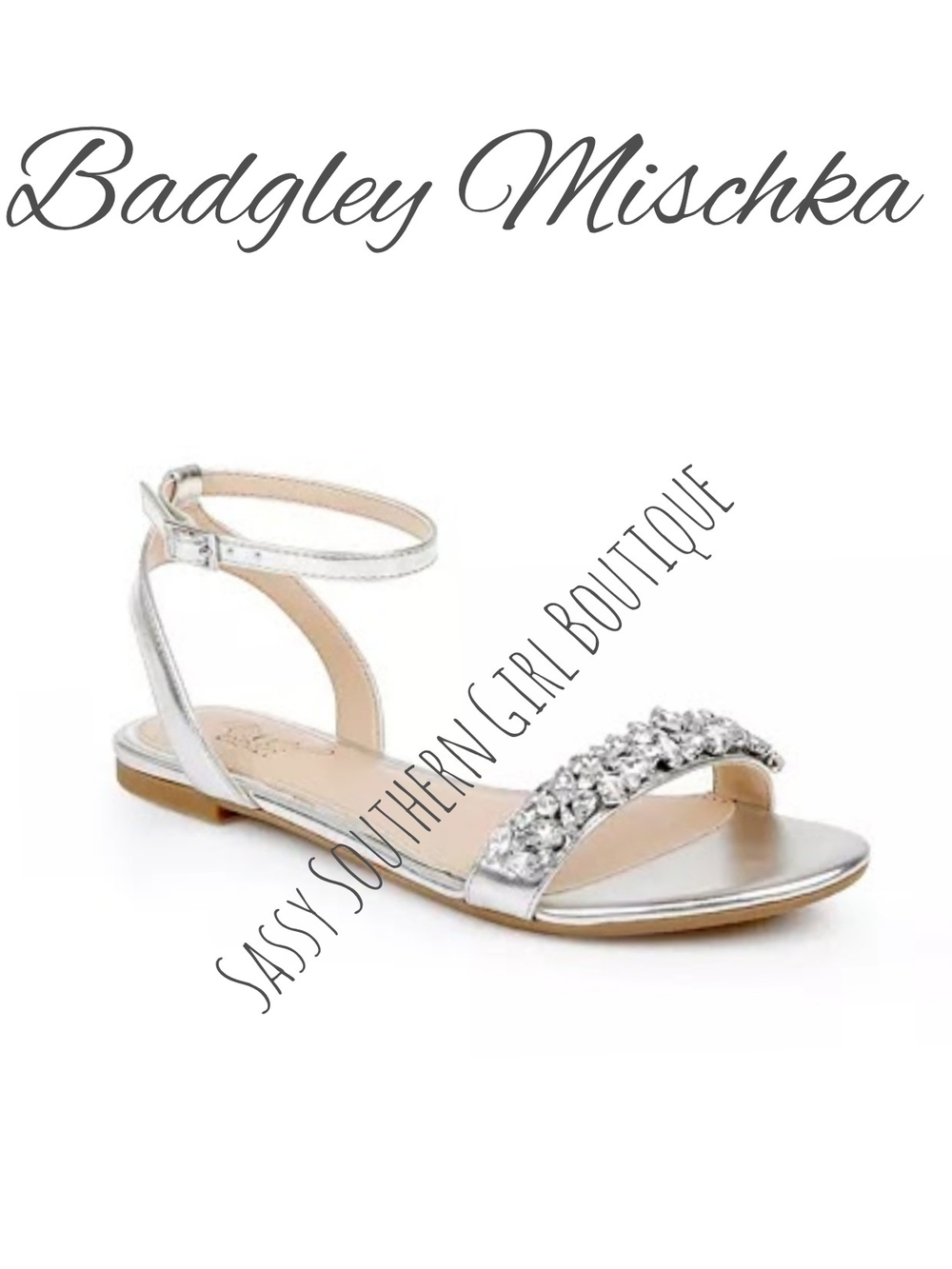 🆕⭐Badgley Mischka Silver Jeweled Ankle-Strap Flat Sandals